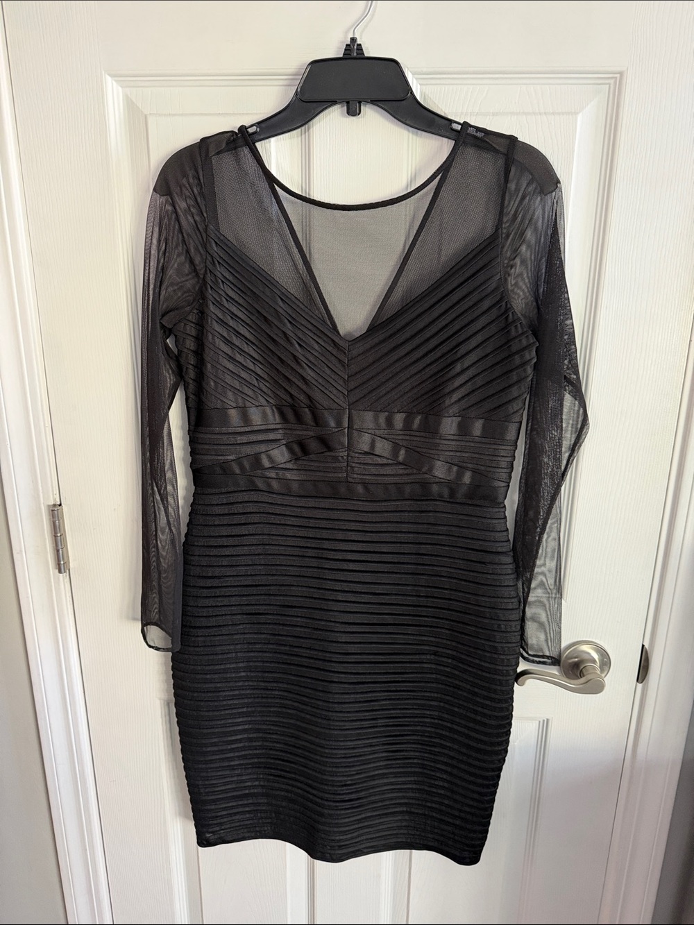 Calvin Klein Black Long-Sleeve Sheer-Panel V-Neck Dress